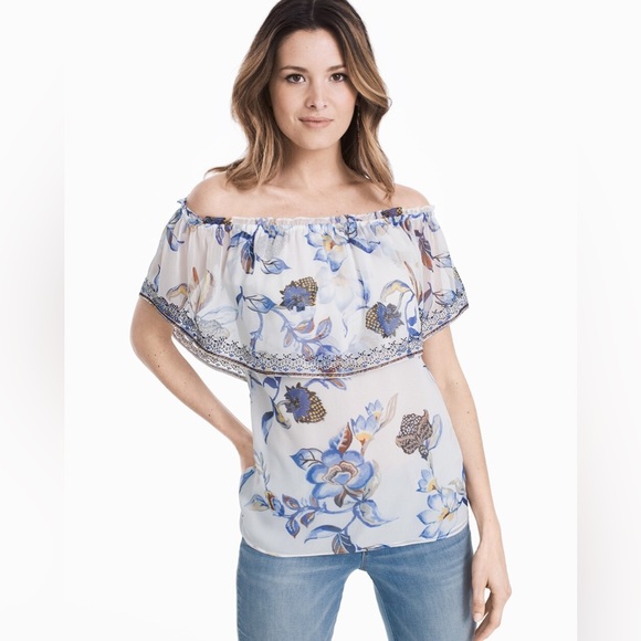⭐️ White House Black Market Off-The-Shoulder Printed Embroidered Top MEDIUM - Picture 1 of 12
